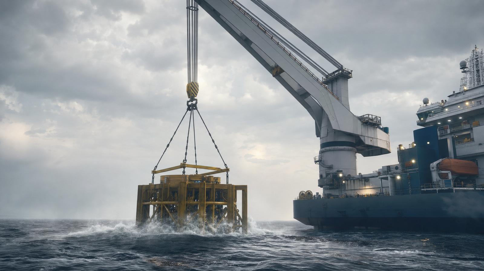Render of a heavy-lift subsea installation from the vessel crane.