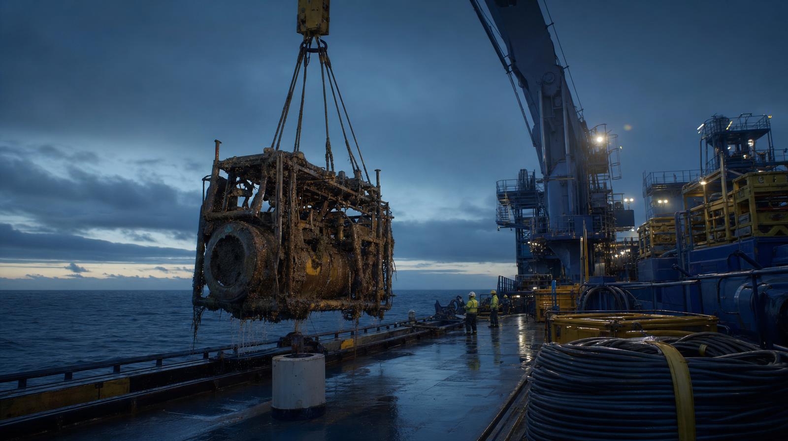 Render of a subsea structure being recovered to the vessel deck.
