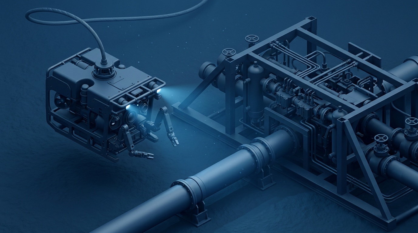 Render of a work-class ROV inspecting subsea infrastructure.