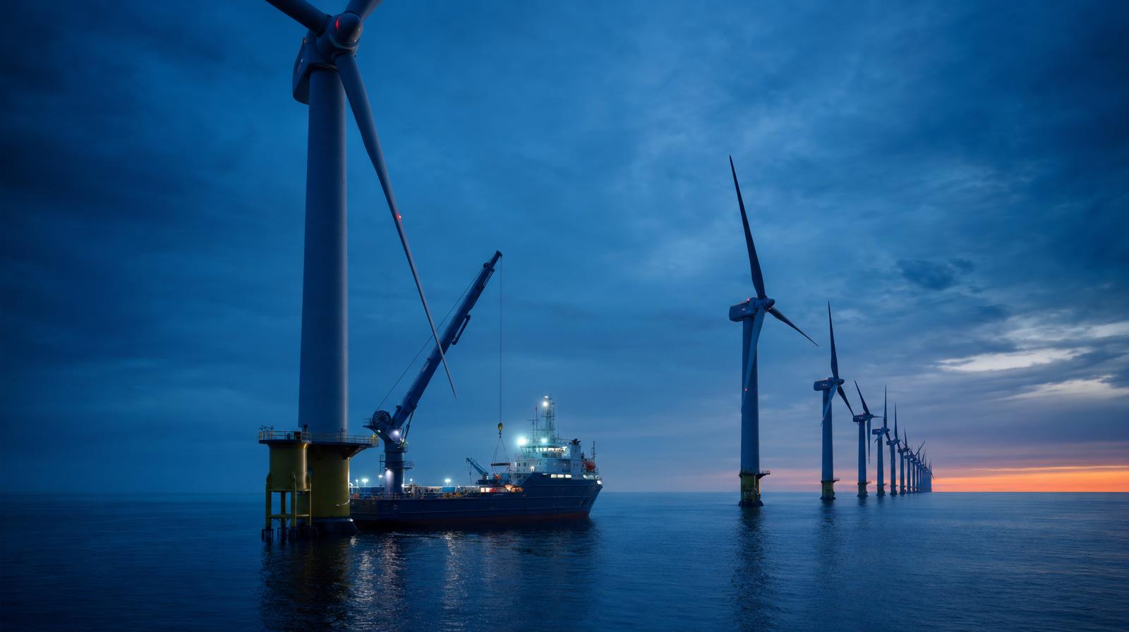 A support vessel installing an offshore wind turbine foundation at dusk.