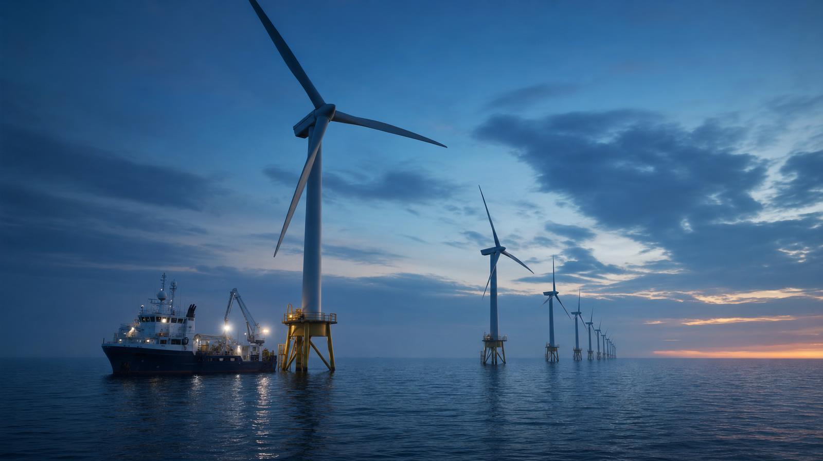 Render of offshore wind turbines with a support vessel alongside.